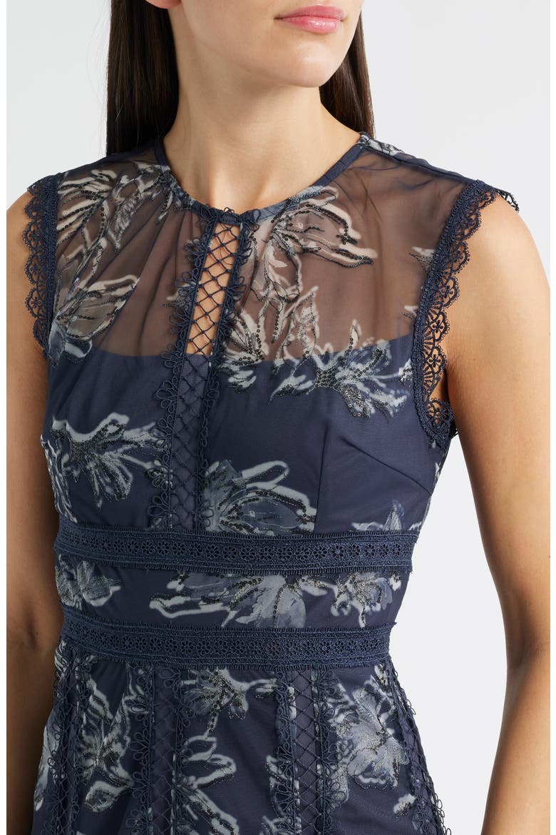Serenity Floral Jacquard Godet Pleat Cocktail Midi Dress, Alternate, color, NAVY