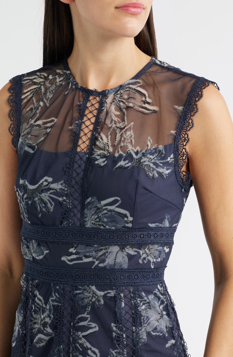 Arose Studio Serenity Floral Jacquard Godet Pleat Cocktail Midi Dress, Alternate, color, Navy