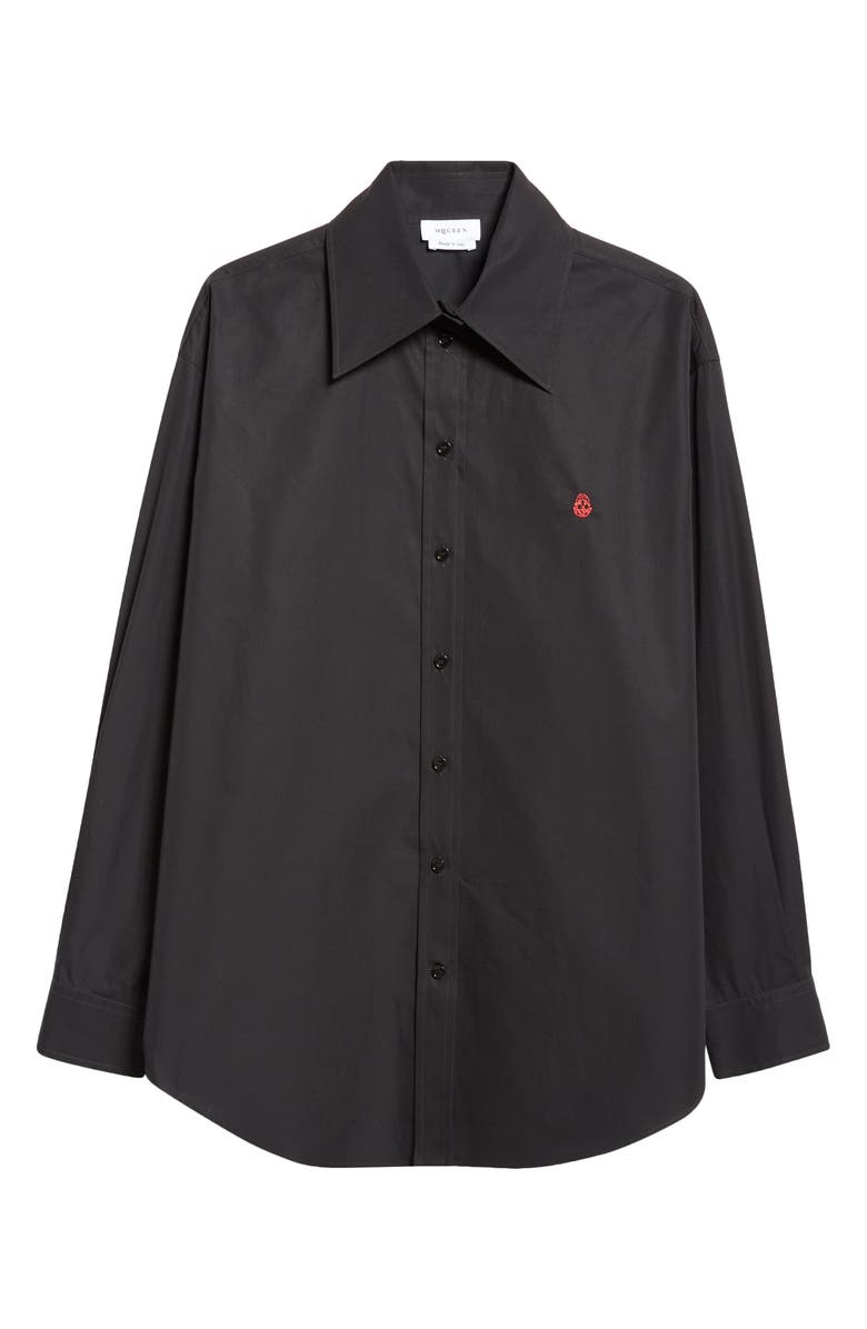 McQueen Skull Embroidered Cotton Poplin Button-Up Shirt, Alternate, color, Black