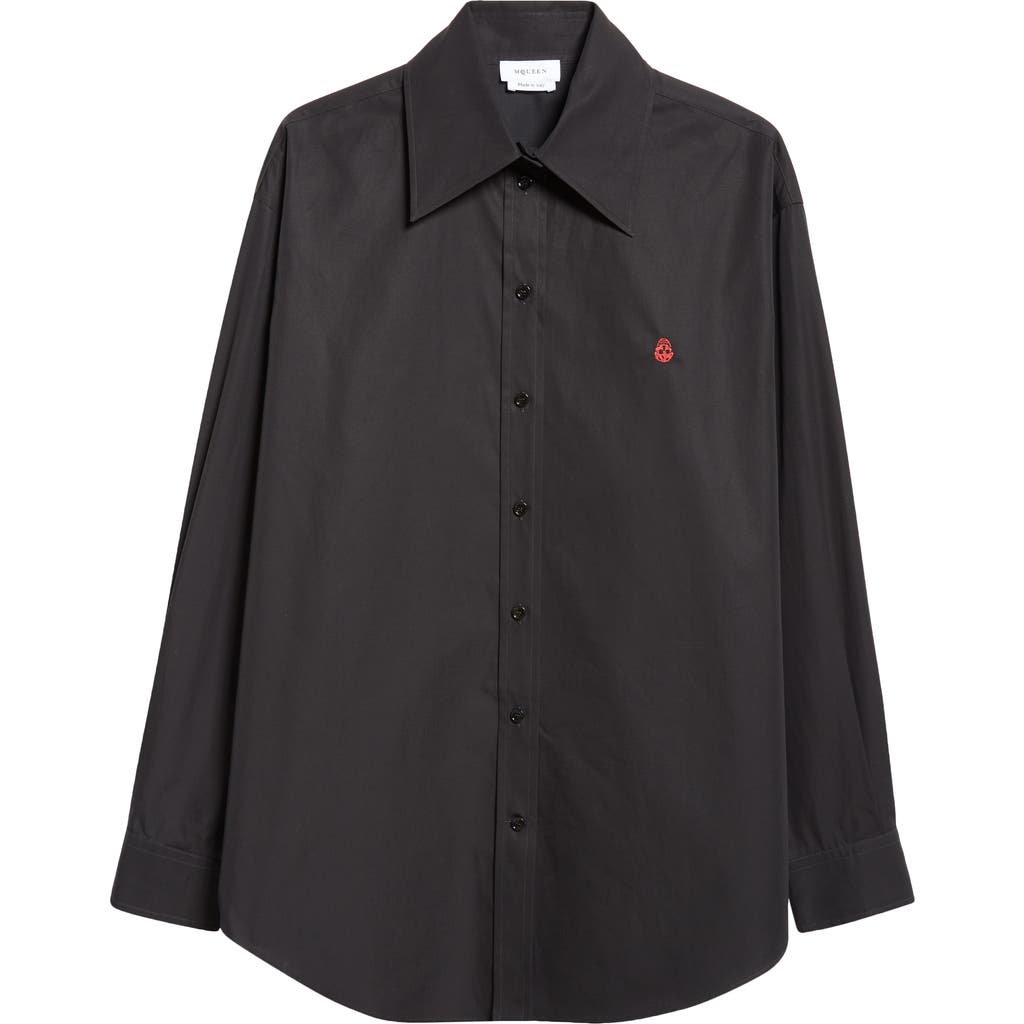 Alexander Mcqueen Skull Embroidered Cotton Poplin Button-up Shirt In Black