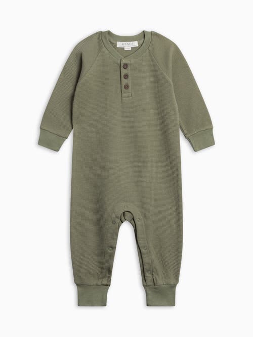 Kendi Babies'  Crosby Waffle Knit Henley Romper In Fern