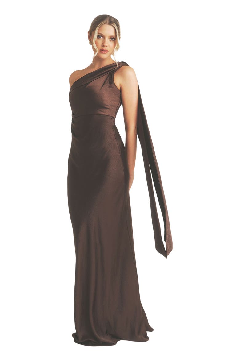 One Shoulder Drape Bridesmaid Dress, Main, color, Chocolate
