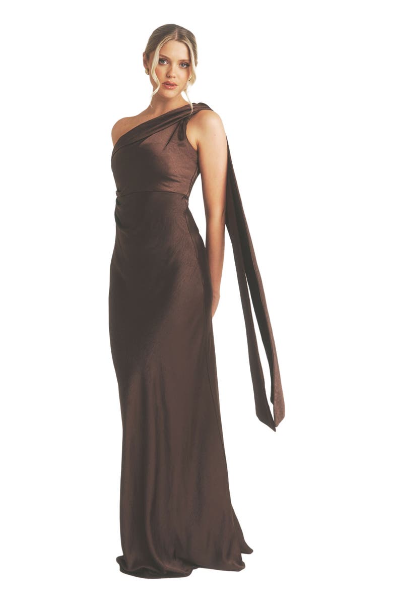 Six Stories One Shoulder Drape Bridesmaid Dress, Main, color, Chocolate