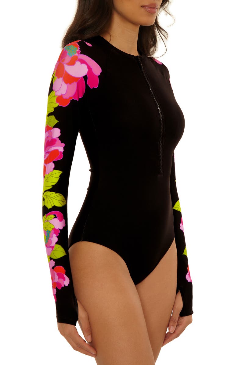 Trina Turk Bougainvillea Long Sleeve UPF 20+ One-Piece Rashguard Swimsuit, Alternate, color, Multi