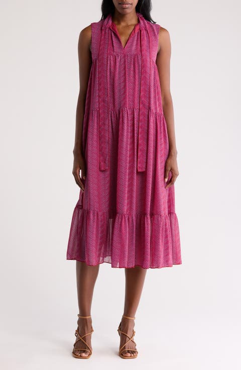 Tie Neck Sleeveless Tiered Midi Dress