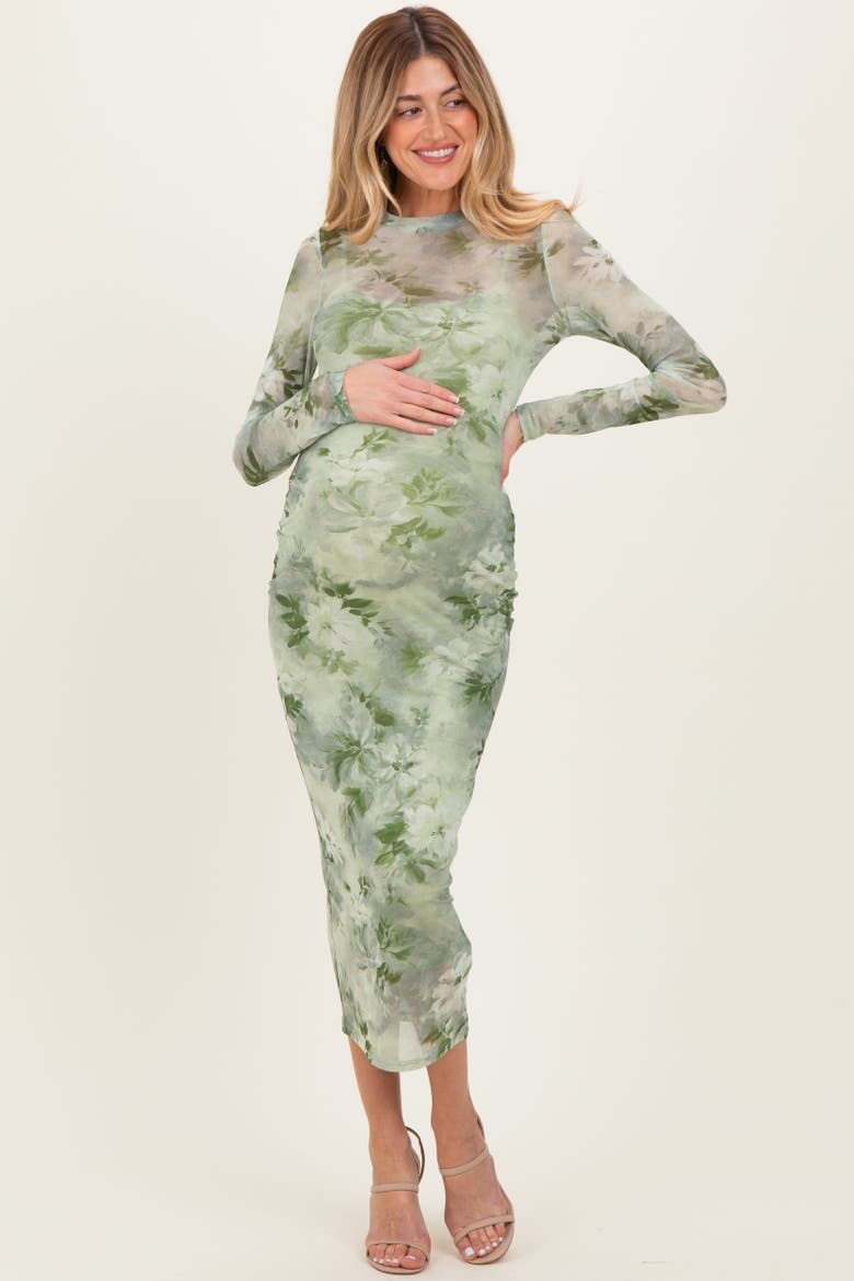 Floral Mesh Overlay Maxi Dress, Alternate, color, Light Olive