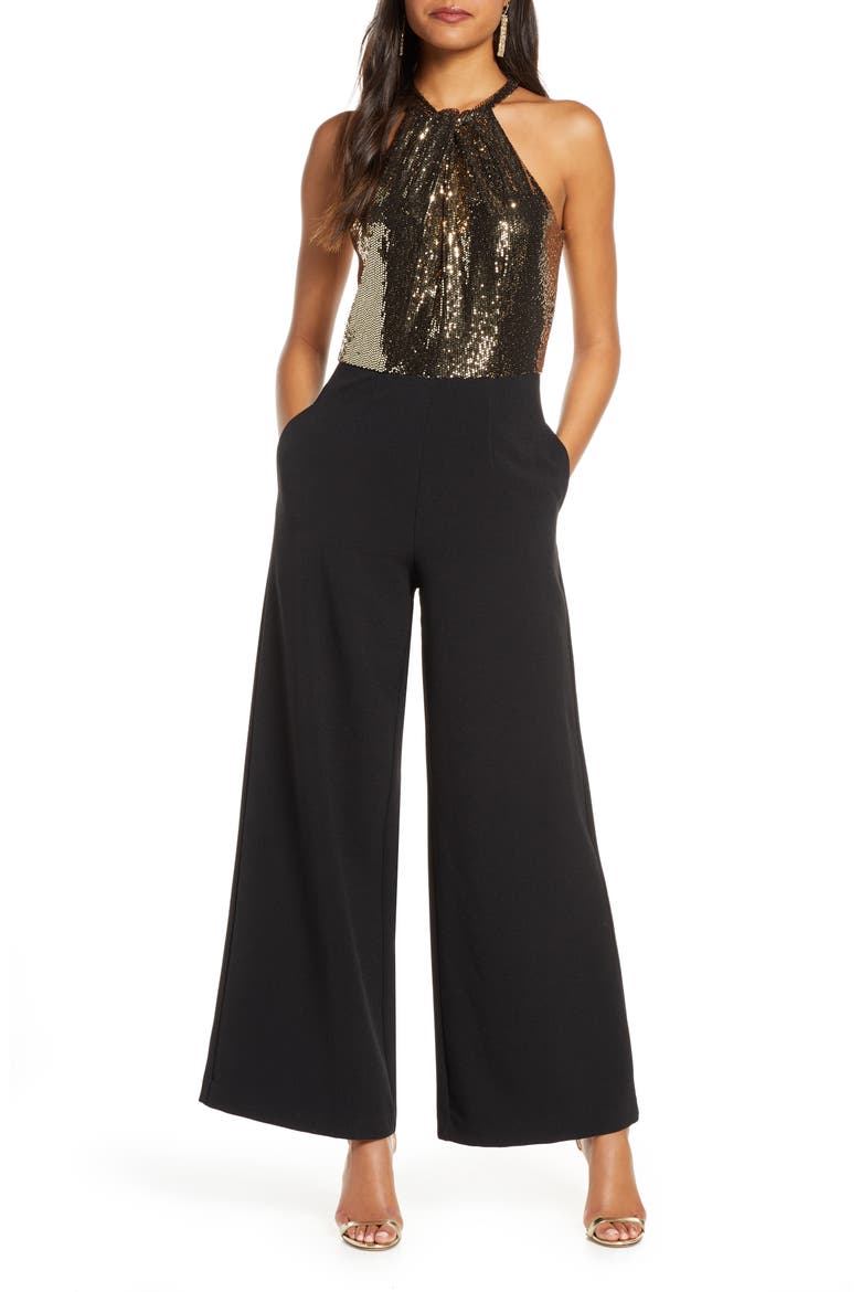 Metallic Mesh Wide Leg Halter Jumpsuit, Main, color, BLACK/ GOLD