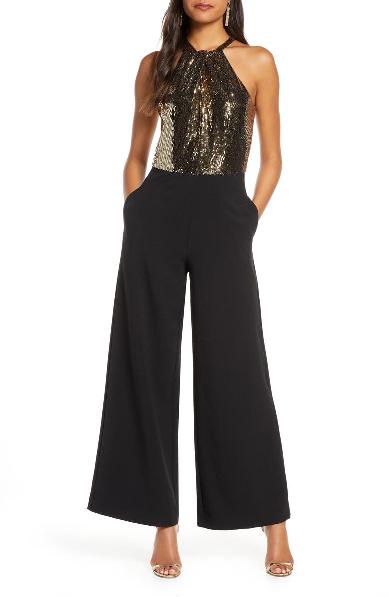 Julia Jordan Metallic Mesh Wide Leg Halter Jumpsuit, Main, color, 