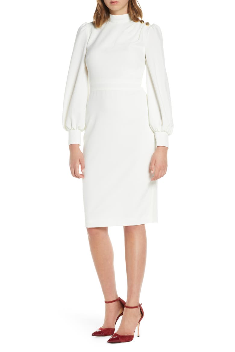 Button Shoulder Long Sleeve Dress, Main, color, IVORY