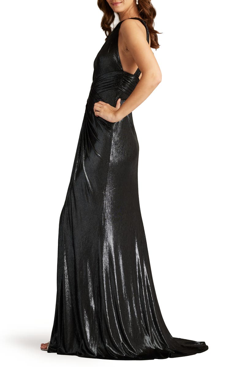 Tadashi Shoji Twist Halter Neck Metallic Jersey Gown, Alternate, color, 
