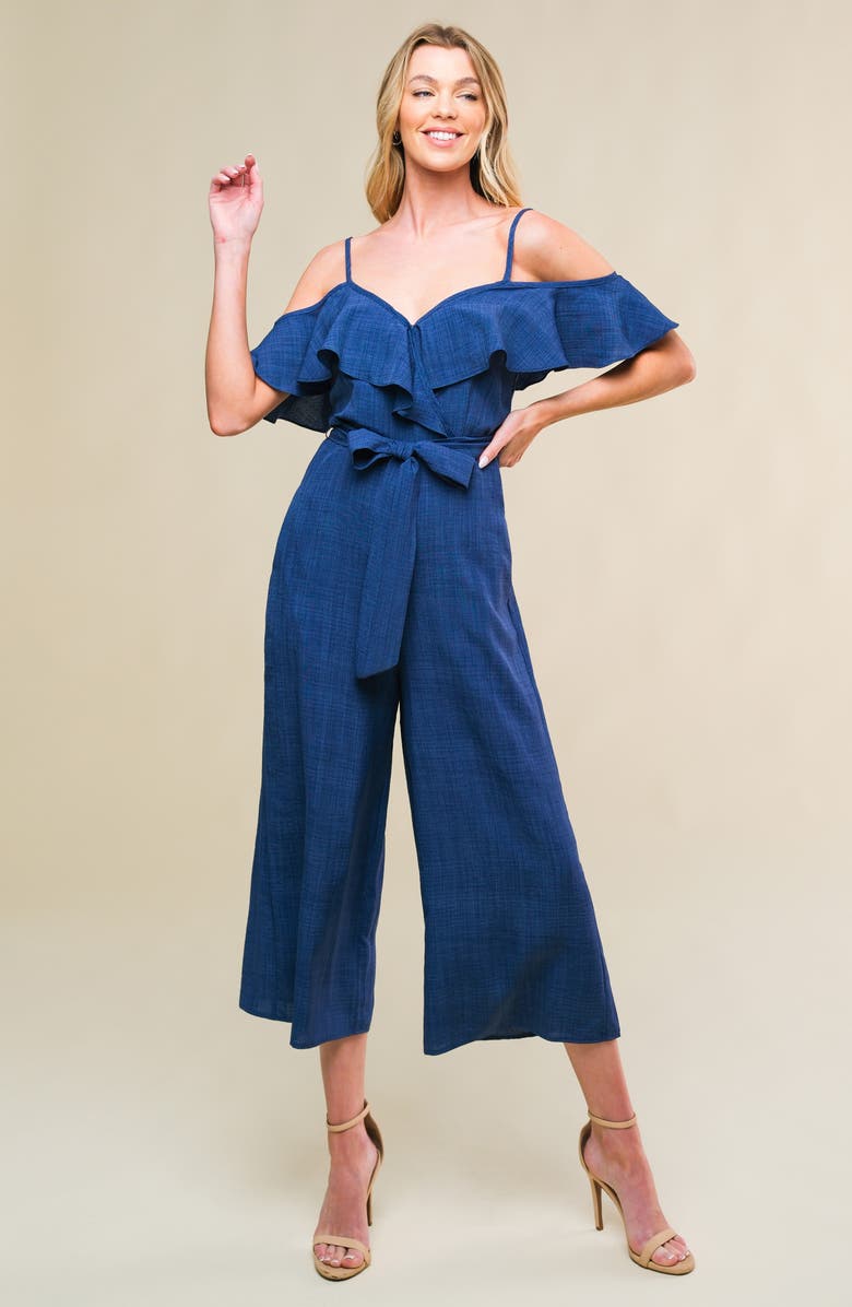 FLYING TOMATO Cold Shoulder Crop Wide Leg Jumpsuit, Alternate, color, Indigo