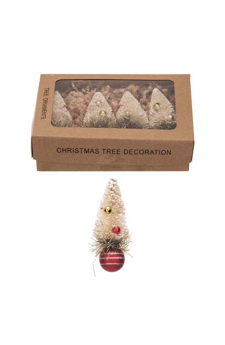 Storied Home Sisal Bottle Brush Tree Ornaments with Beads, Glass Ball Base and Glitter, Red and Cream, Set of 4, Main, color, Pink