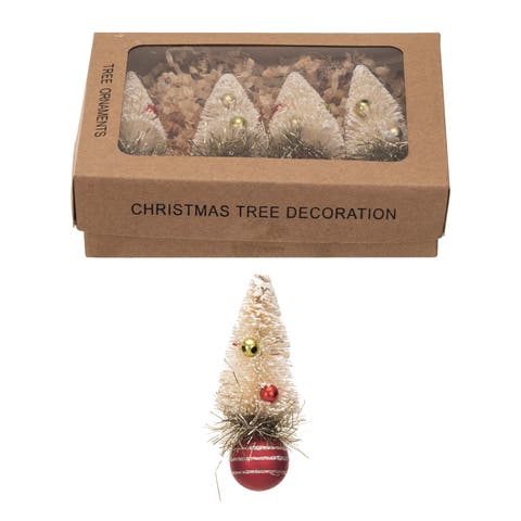 Sisal Bottle Brush Tree Ornaments with Beads, Glass Ball Base and Glitter, Red and Cream, Set of 4