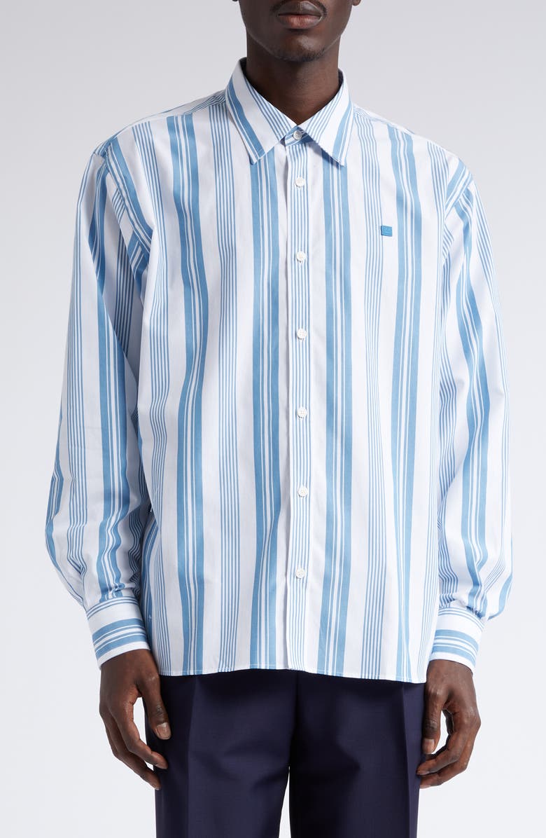 Acne Studios Gender Inclusive Stripe Face Patch Button-Up Shirt, Main, color,