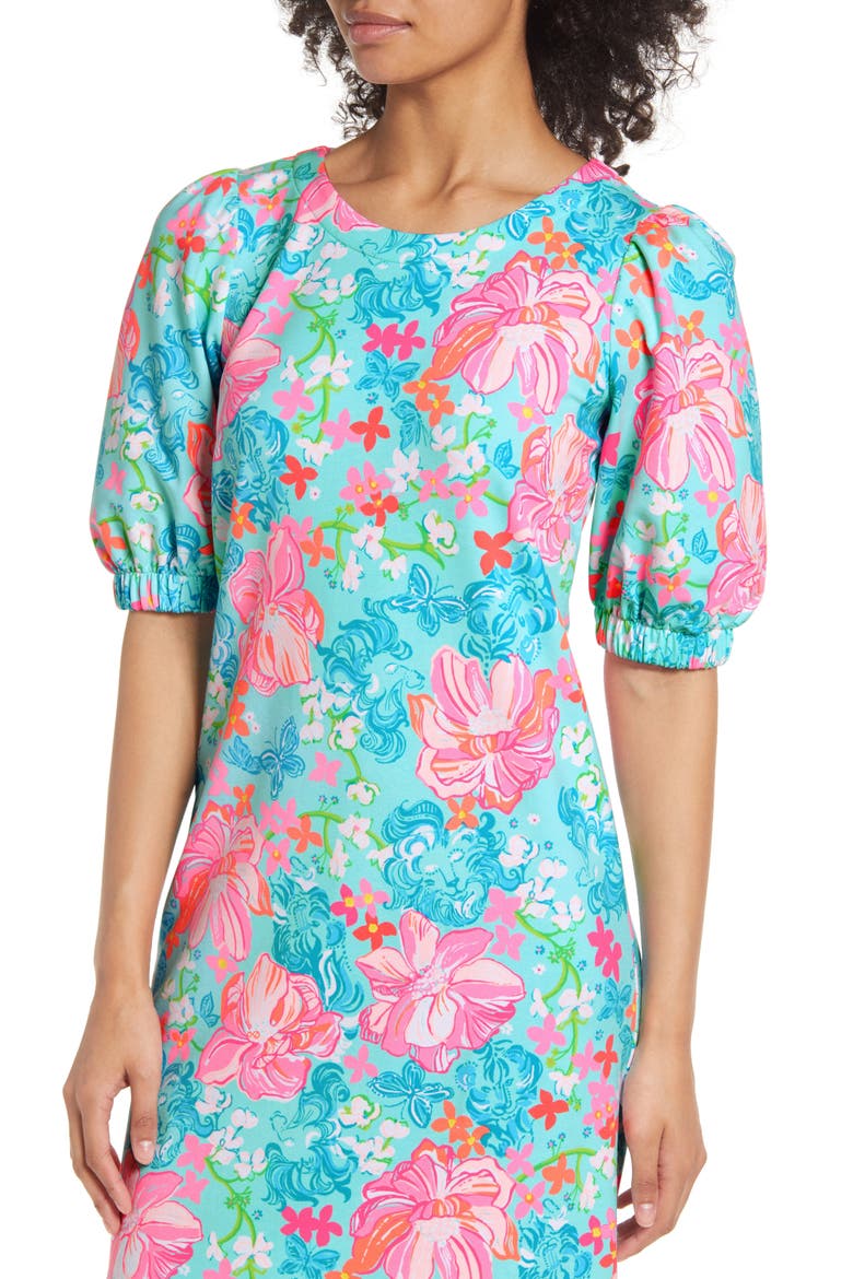 Cayce Puff Sleeve Floral Dress, Alternate, color, SURF BLUE