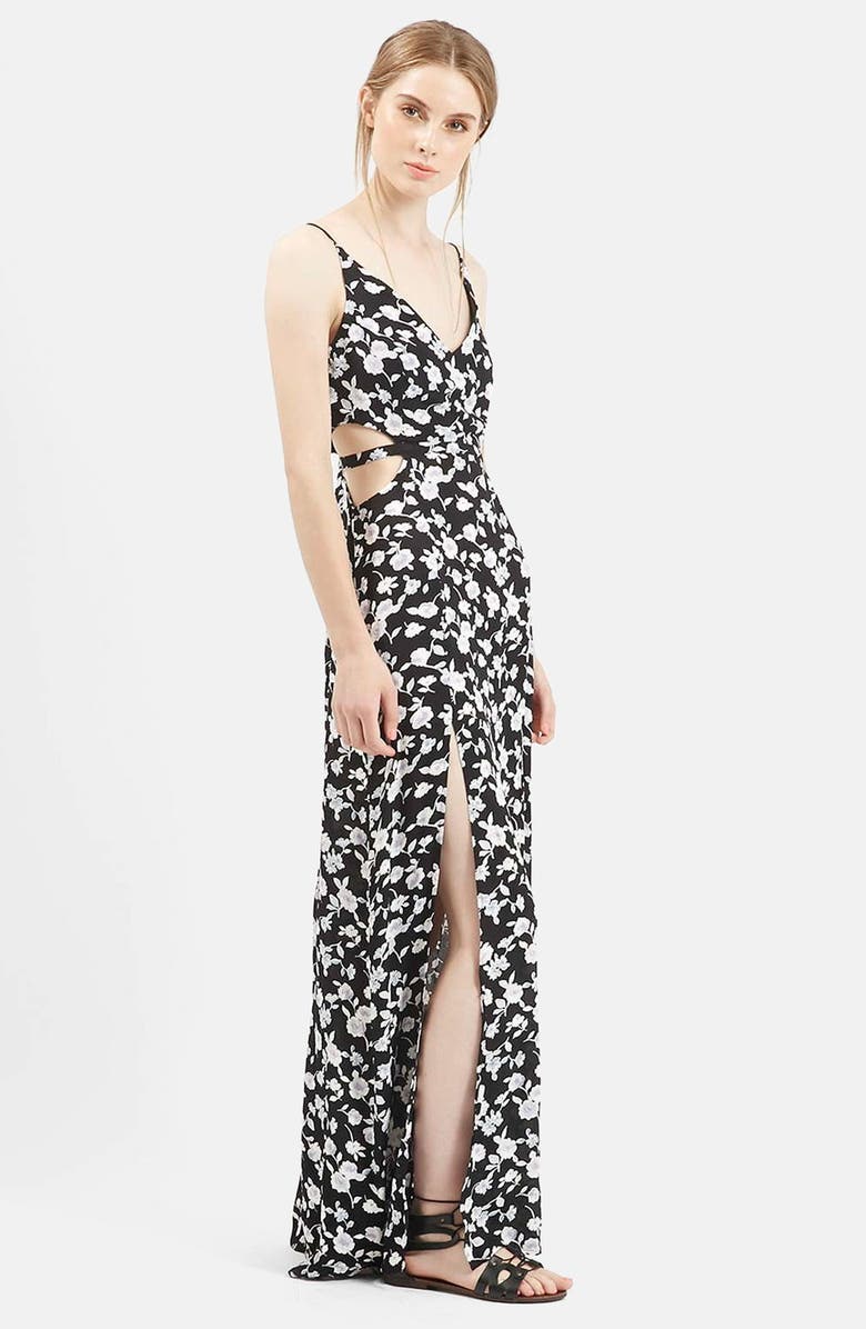 Topshop Rose Print Cutout Maxi Dress, Main, color,
