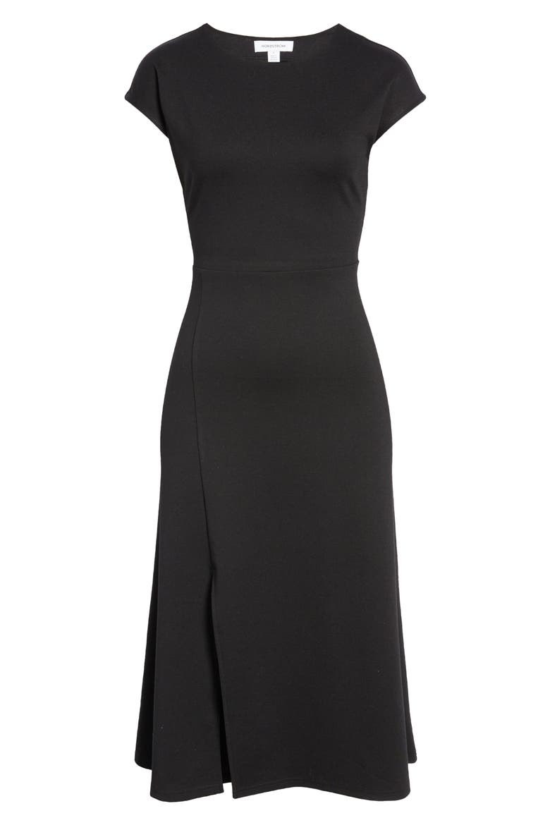 Cap Sleeve Front Slit Knit Dress, Alternate, color, BLACK