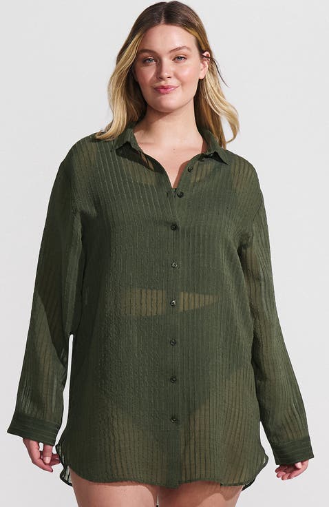 Cotton Gauze Button Down Swim Cover-up Shirt Dress