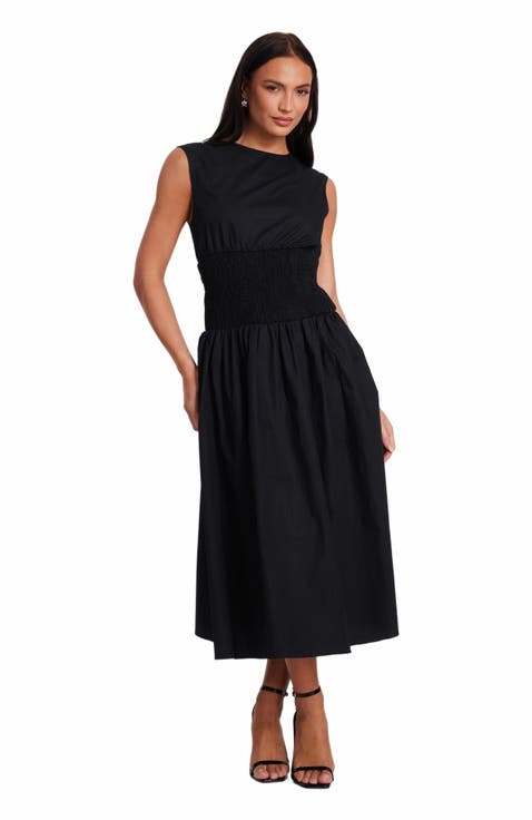 Poplin Sheered Waist Maxi Dress