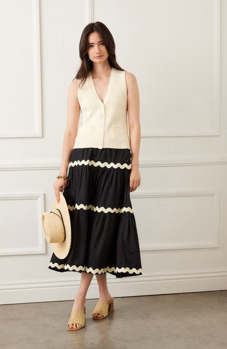 Karen Kane Rickrack Trim Cotton Midi Skirt, Alternate, color, Black W/ Natural