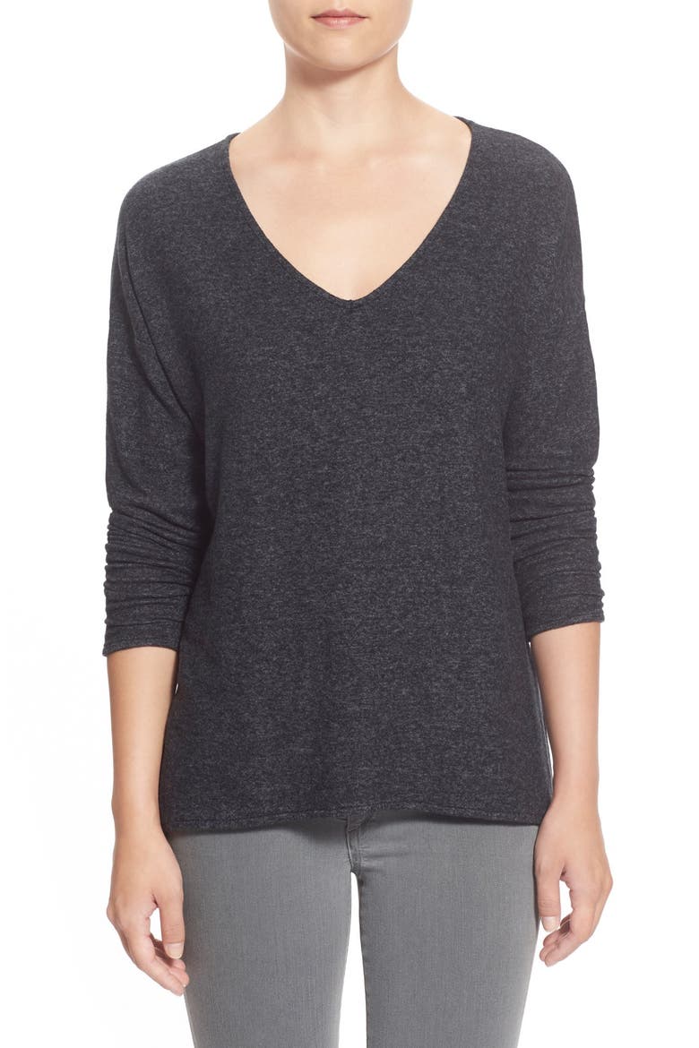 Gibson 'Yummy Fleece' High/Low V-Neck Pullover, Main, color, BLACK