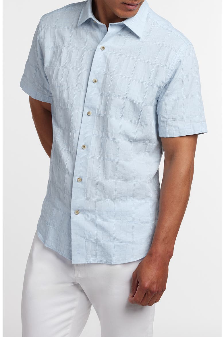 Geometric Embroidered Short Sleeve Cotton & Linen Button-Up Shirt, Main, color, SKY