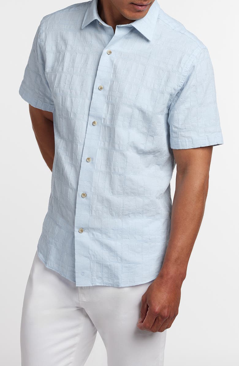 David Donahue Geometric Embroidered Short Sleeve Cotton & Linen Button-Up Shirt, Main, color, Sky