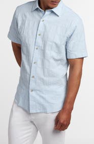 David Donahue Geometric Embroidered Short Sleeve Cotton & Linen Button-Up Shirt