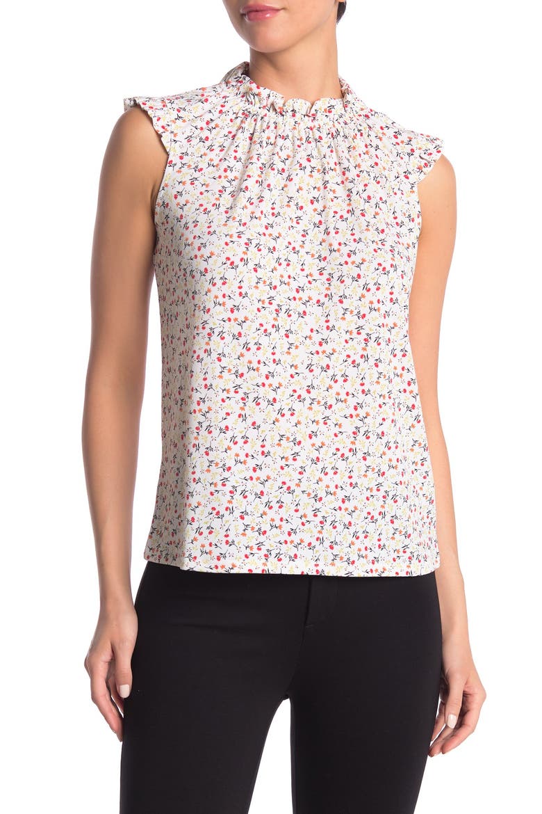 Ruffle Cap Sleeve Printed Blouse, Alternate, color, IVORY CHEERFUL DITSY