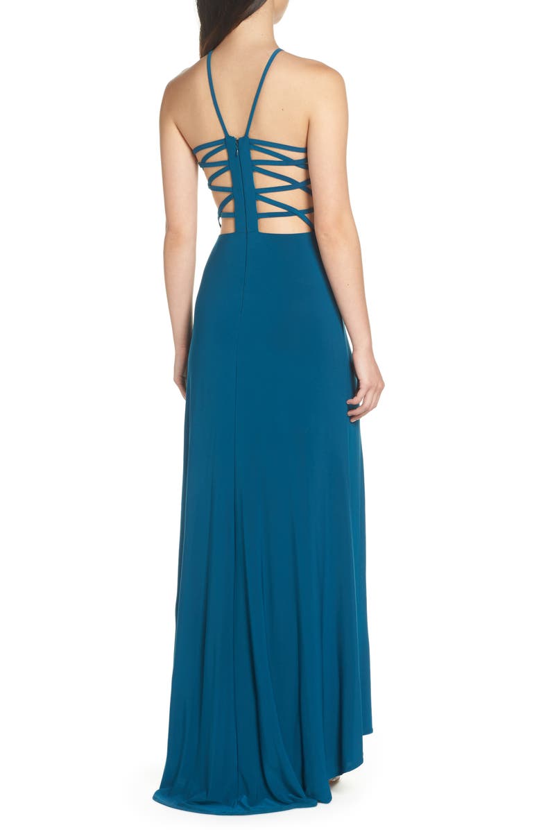 Morgan & Co. Beaded Mesh Halter Gown, Alternate, color, 
