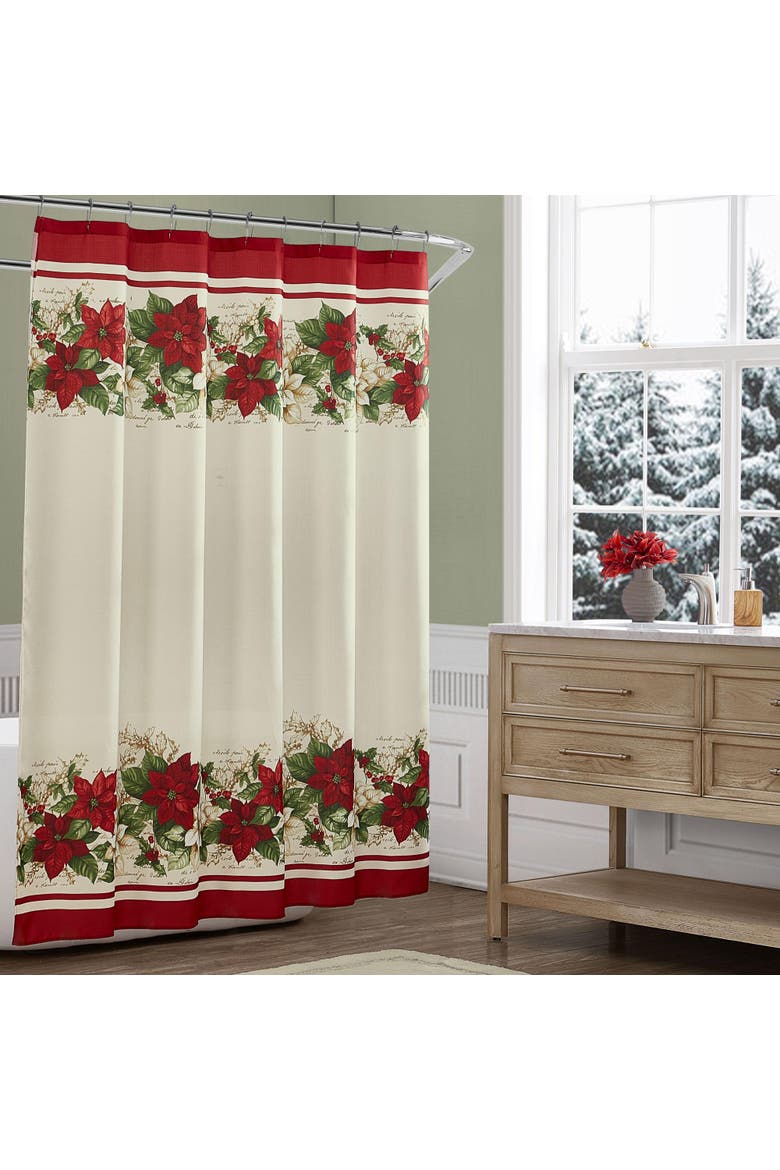Red and White Poinsettias Holiday Fabric Shower Curtain - Multicolor - 70"W x 72"L, Alternate, color, Multicolor