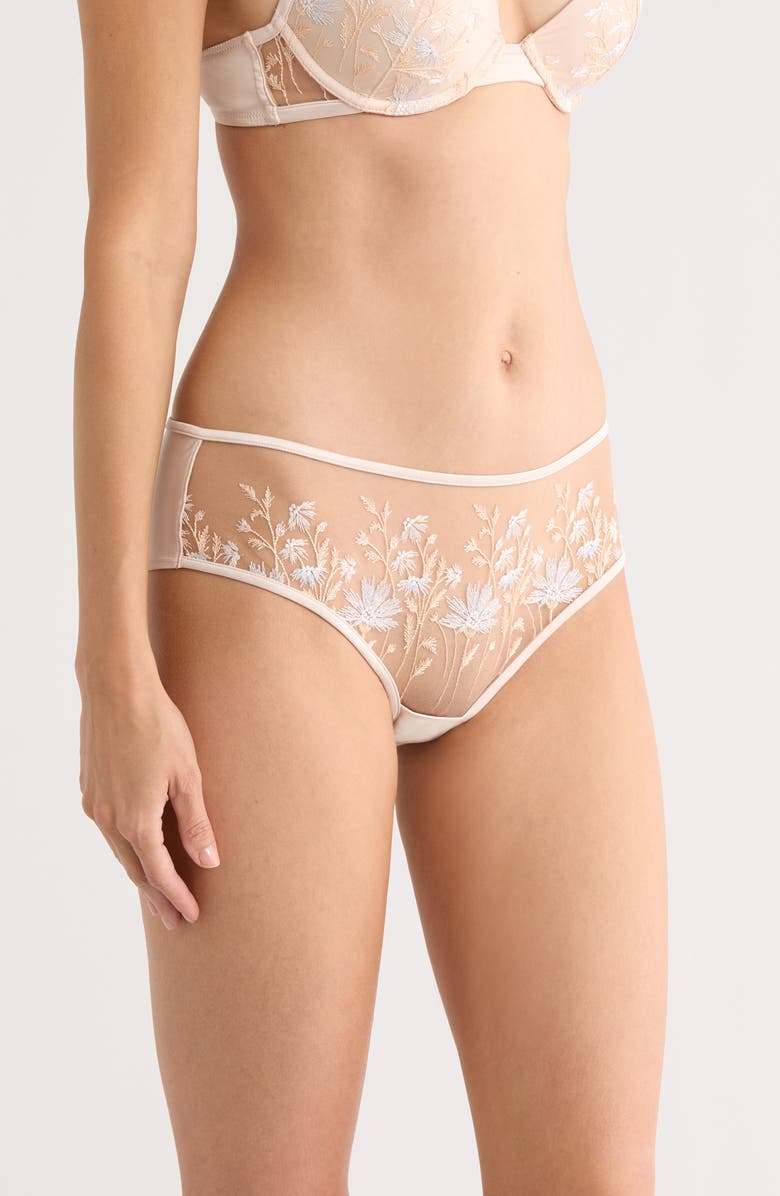 Etam Champetre Embroidered Satin & Mesh Briefs, Alternate, color, Dune