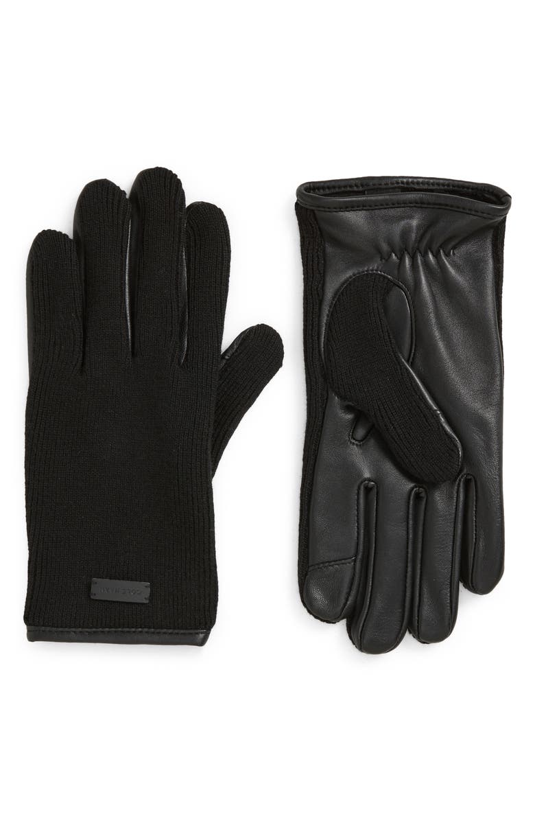 Cole Haan Heritage Knit Back Leather Gloves, Main, color, Caviar