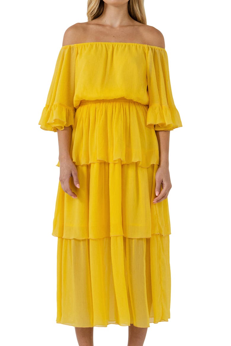 Off the Shoulder Tiered Chiffon Dress, Alternate, color, YELLOW