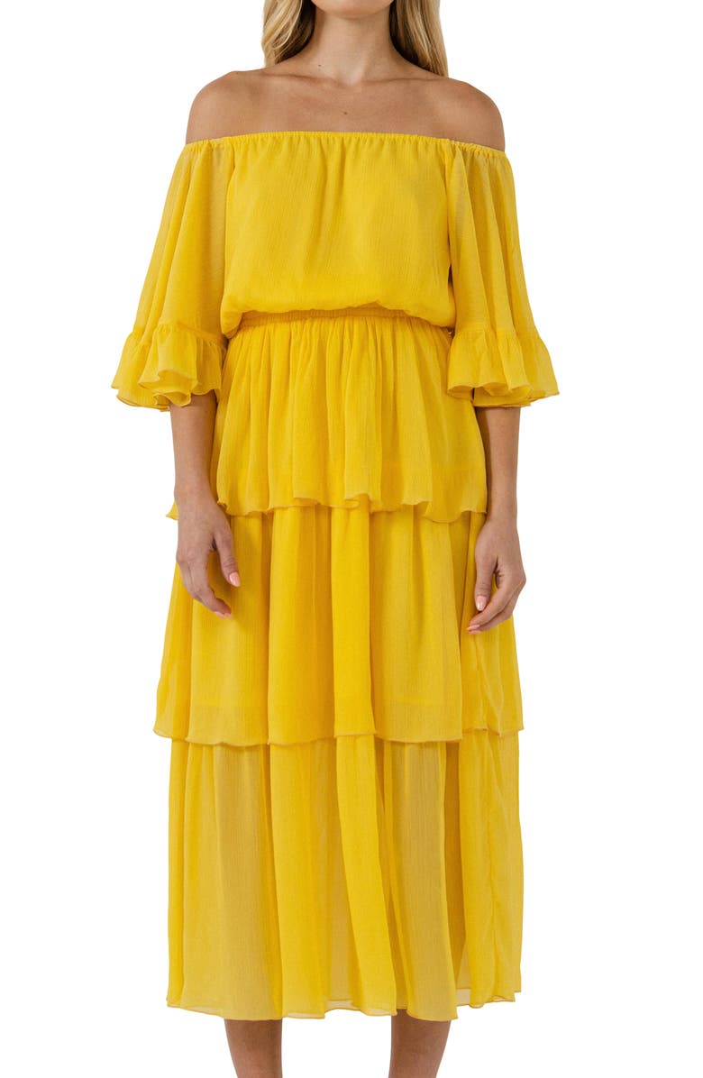 Endless Rose Off the Shoulder Tiered Chiffon Dress, Alternate, color, Yellow