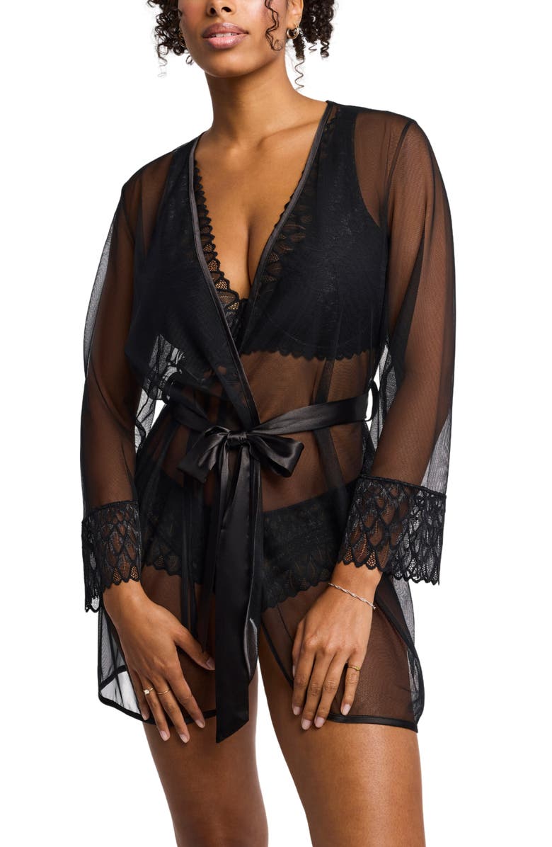 Montelle Intimates Lacy Lace Trim Mesh Robe, Alternate, color, Black