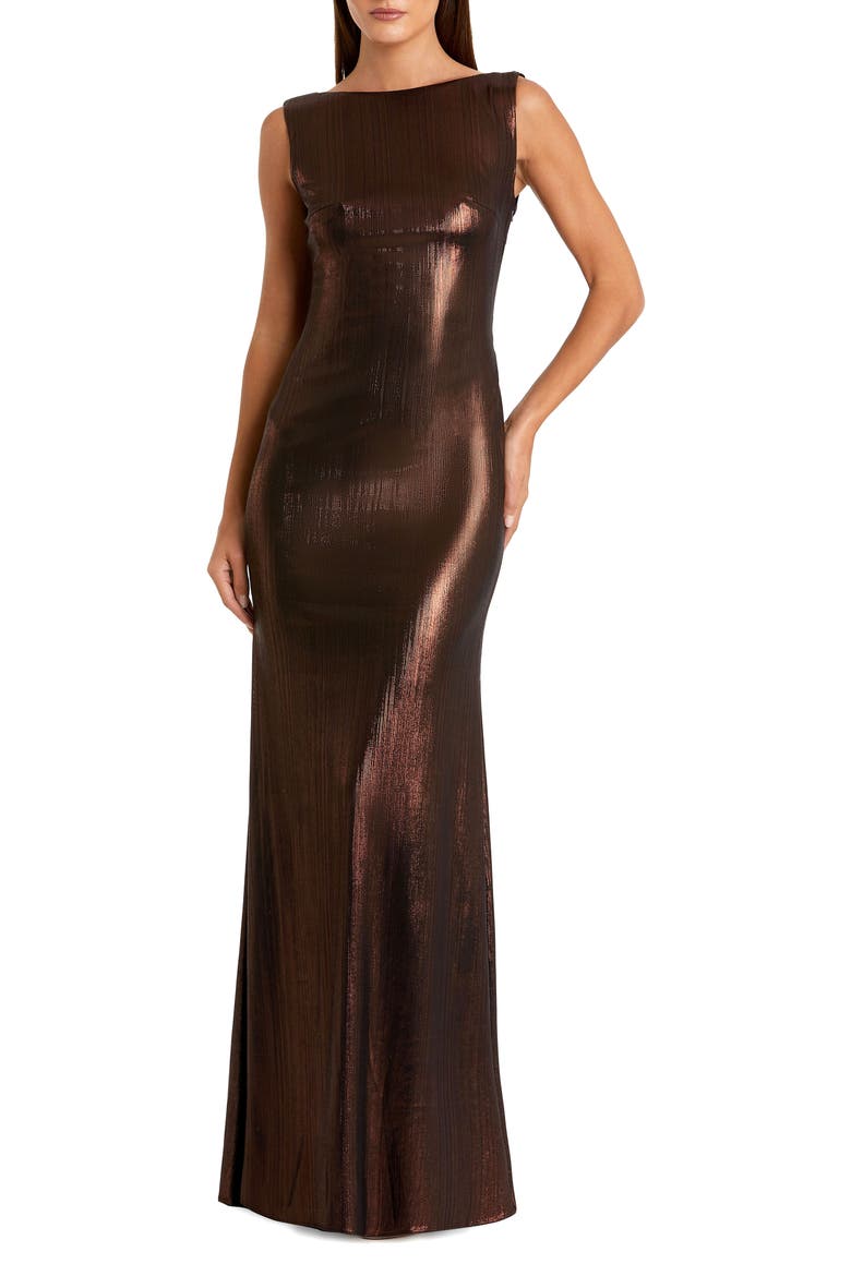 Petite Metallic Column Evening Gown with Elegant Cowl Back, Main, color, Espresso
