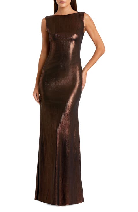 Women's Metallic Jersey Cowl Back Column Gown