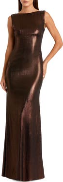 Mac Duggal Petite Metallic Column Evening Gown with Elegant Cowl Back