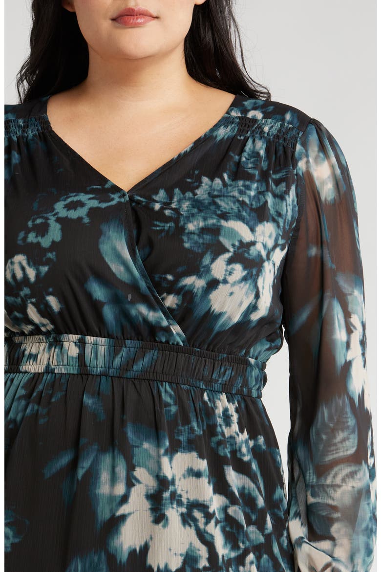 Tiered Long Sleeve Chiffon Dress, Alternate, color, BLACK- TEAL BLURRED FLORAL