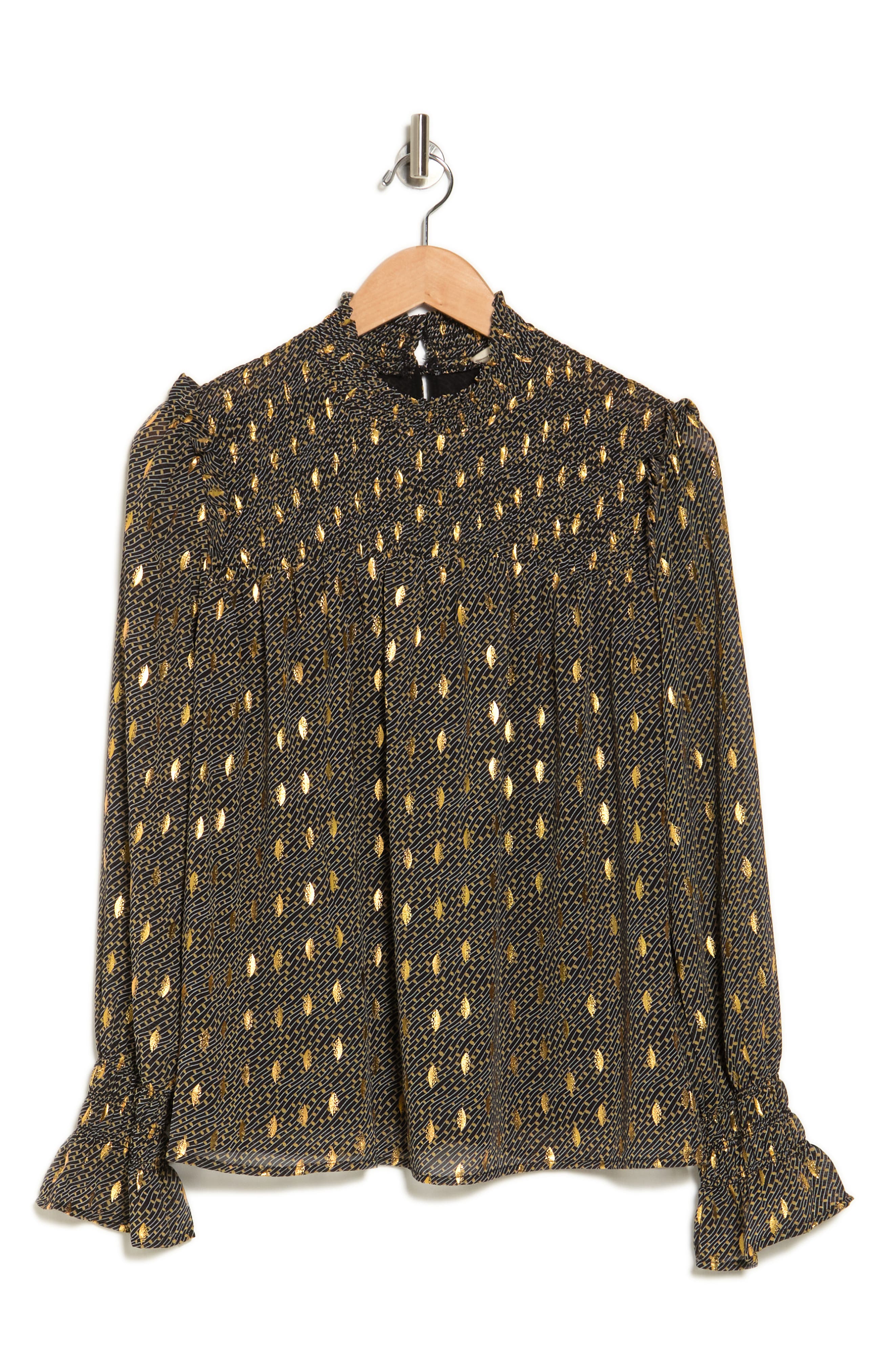 MELLODAY Foil Dot Long Sleeve Smocked Babydoll Top (Women) | Nordstromrack