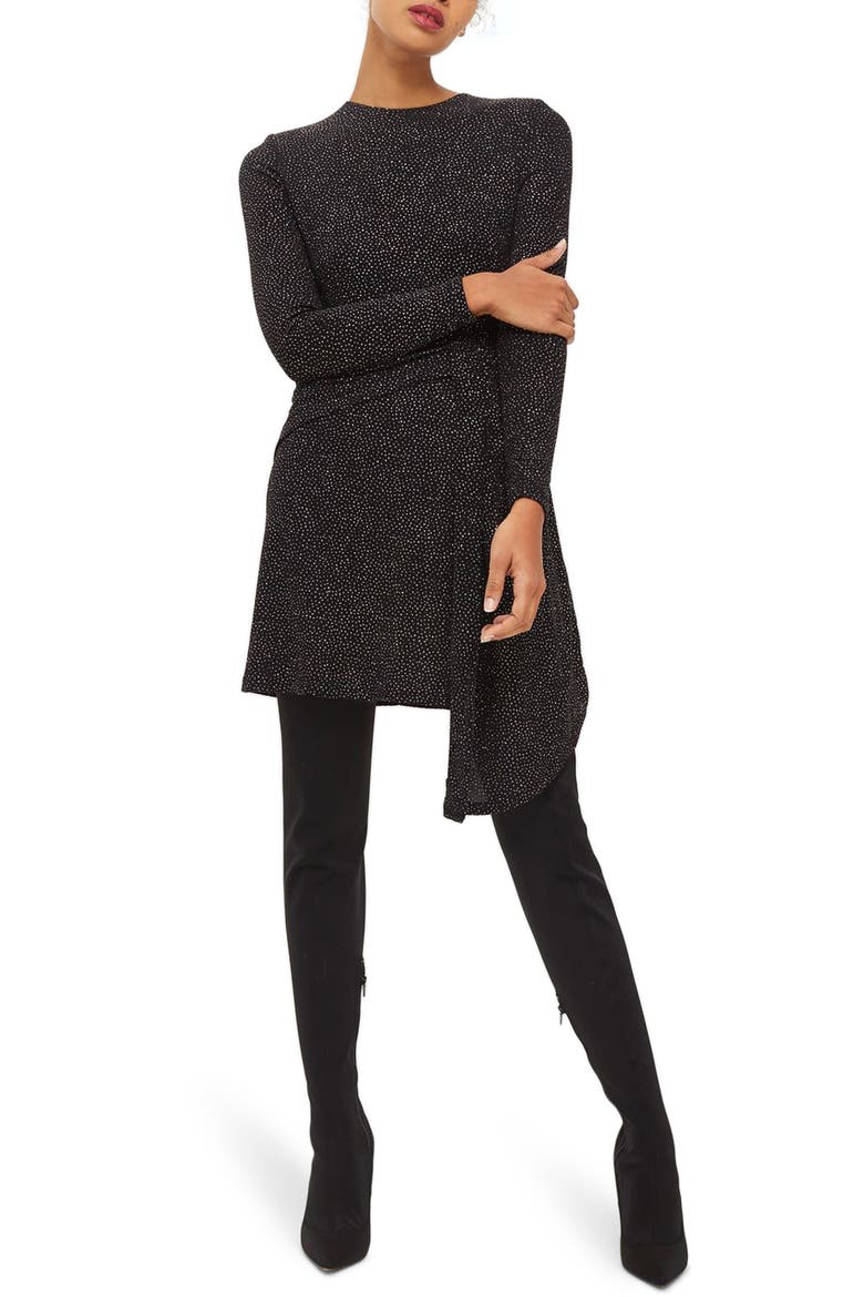 Asymmetrical Drape Glitter Dress, Main, color, BLACK MULTI