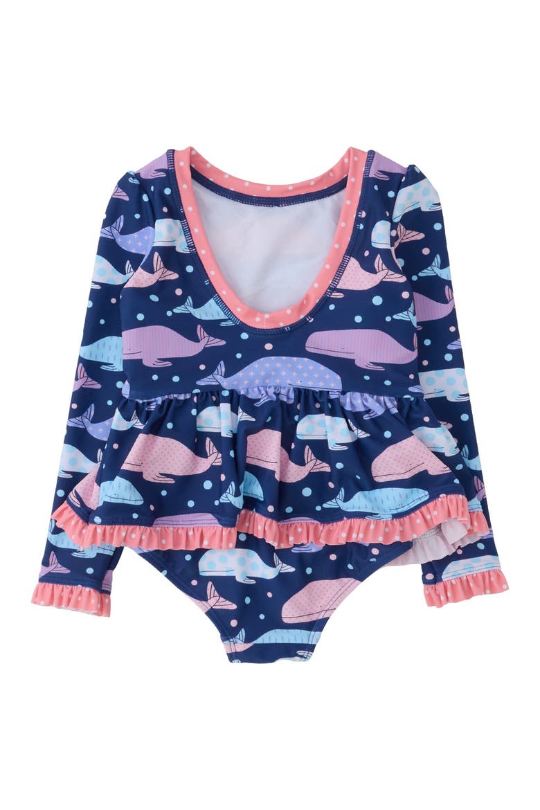 Upf50+ Long Sleeve One Piece Bow Peplum Rash Guard Swimsuit, Alternate, color, Whale Harbor