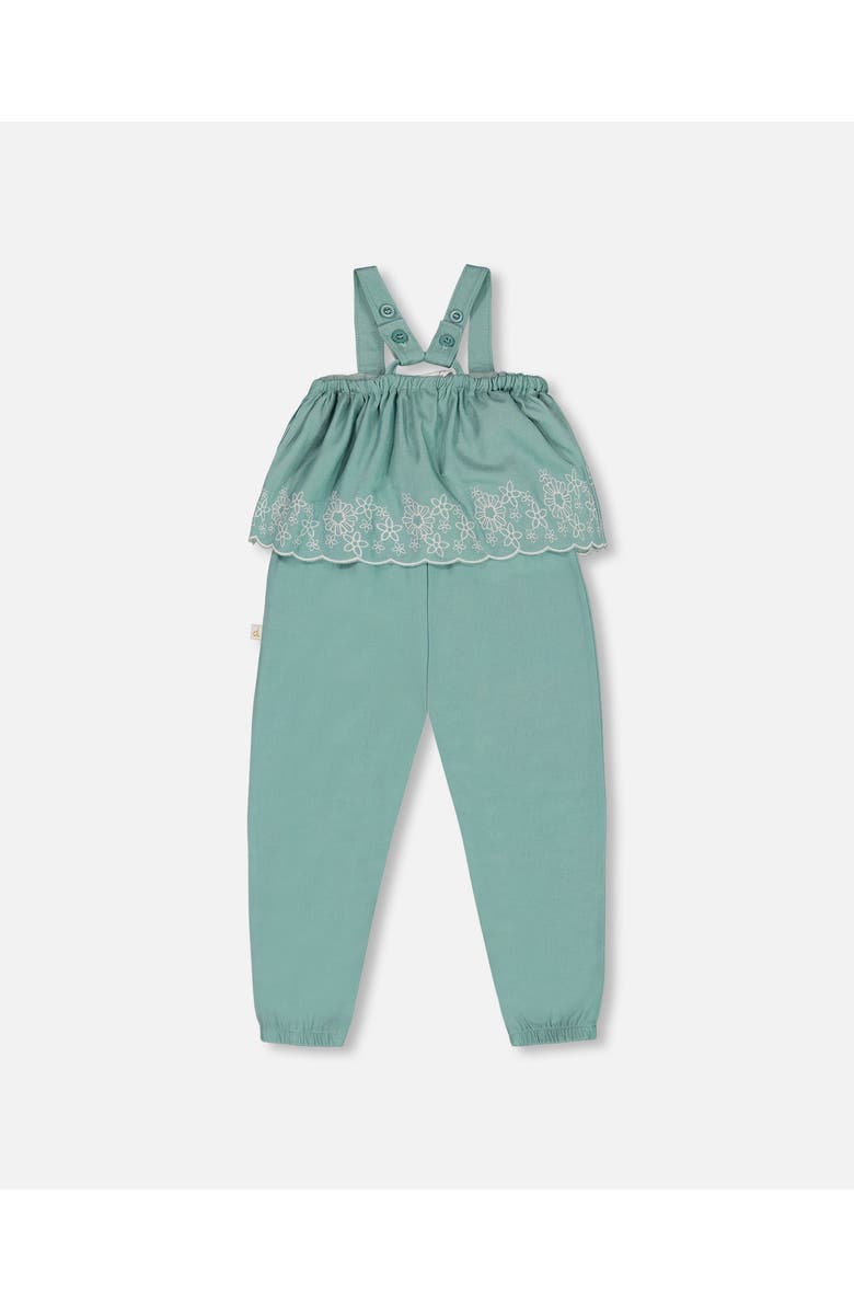Deux par Deux Little Girl's Chambray Jumpsuit With Embroidery Light Blue, Alternate, color, Light Blue