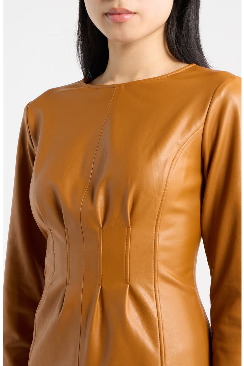 Pleated Waist Faux Leather Sheath Dress, Alternate, color, TOAST