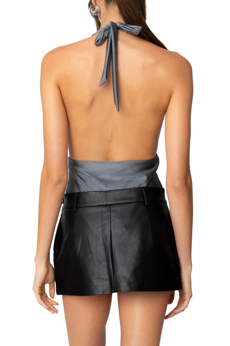 Shiny Plunge Halter Bodysuit, Alternate, color, GRAY