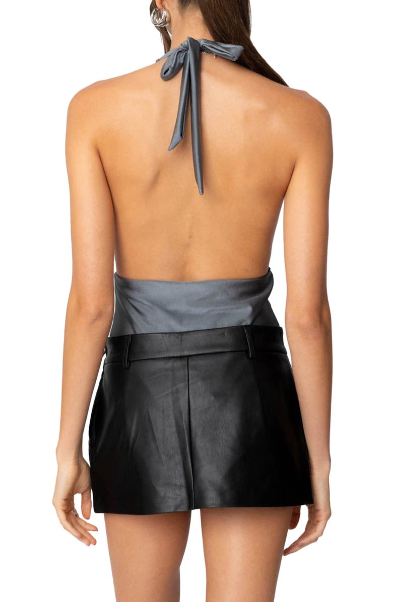 EDIKTED Shiny Plunge Halter Bodysuit, Alternate, color, Gray