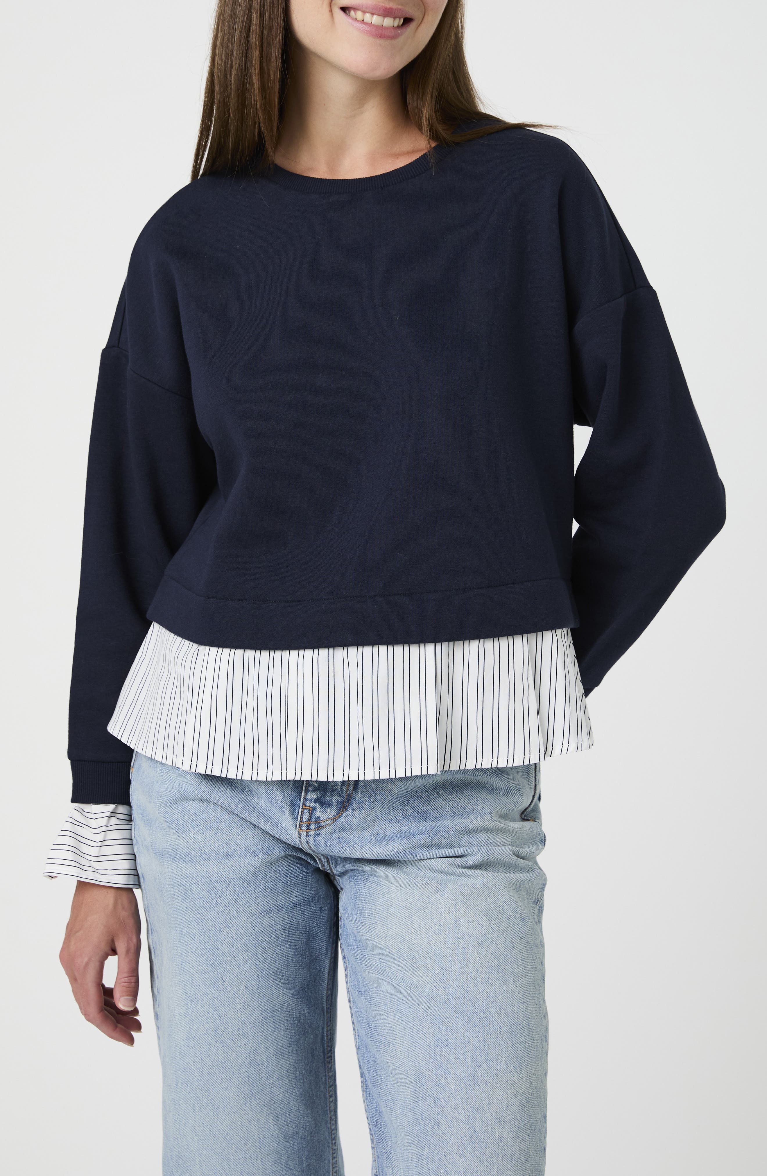 Cotton Crewneck Mixed Media Sweater