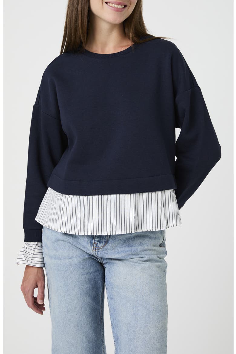 Cotton Crewneck Mixed Media Sweater, Main, color, NAVY/ WHITE BLUE STRIPES