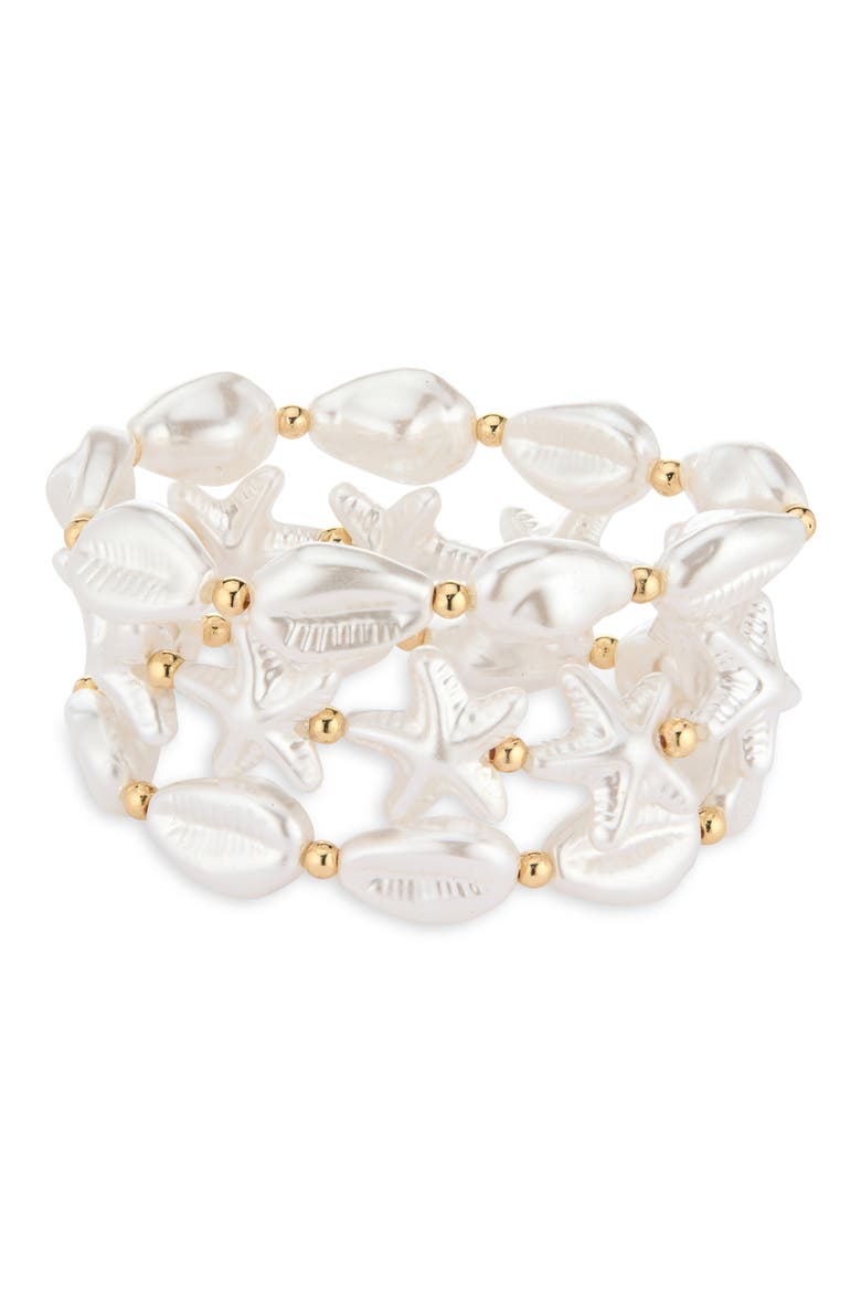 Set of 3 Pearly Shell & Starfish Beaded Stretch Bracelets, Main, color, IVORY